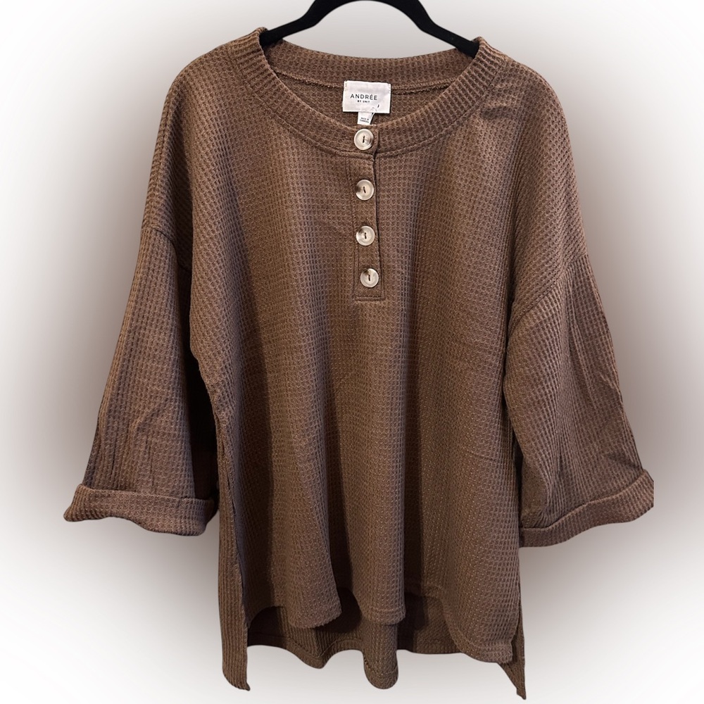 Brown Waffle knit Top with buttons